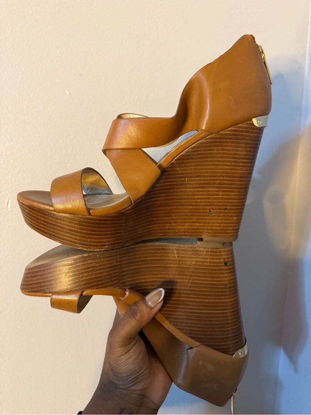 Michael Kors Cognac Leather Wedge Sandals